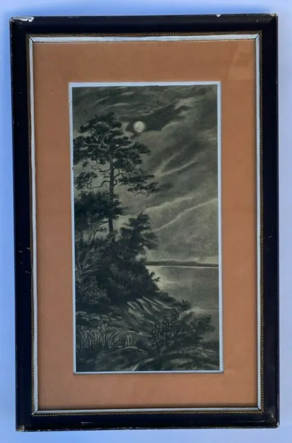 Dessin Au Fusain Paysage De Mer Sous La Nuit Signature A Identifier H3262