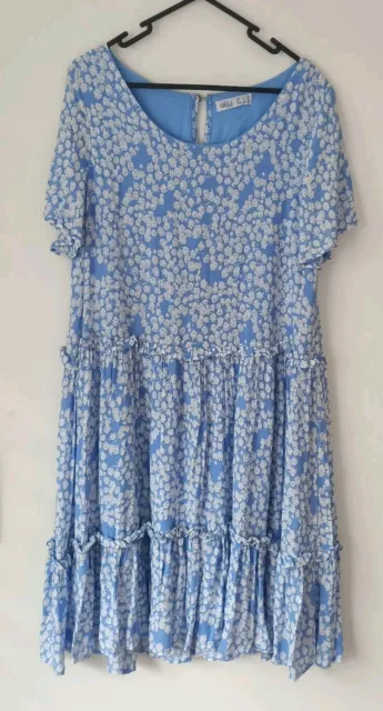 Tiered Floral Dress, Baby Blue and white, Size 12 Womens, Lined, Short Sleeve