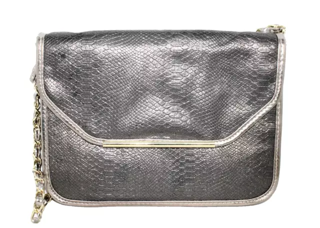 IVANKA TRUMP Flap Chain Shoulder Bag Metallic Pewter Gold Snake Faux Leather