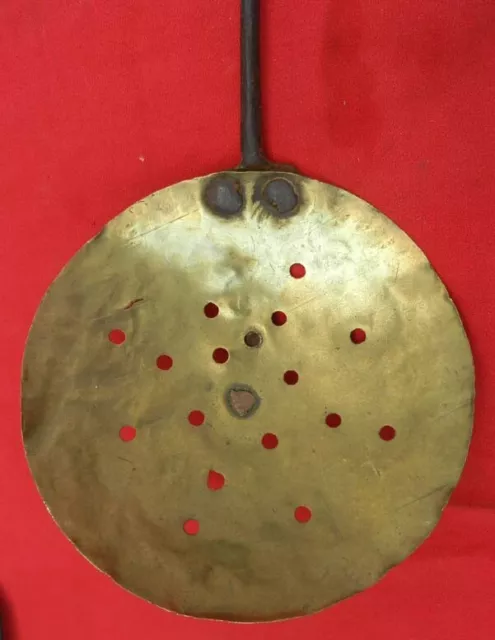 Antique 19th Cent. Hand Forged Wrought Iron & Pierced Brass Large Bowl Strainer 3