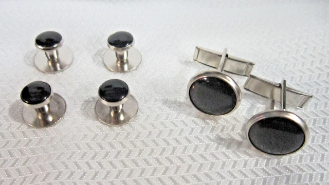 Black Silver Studs & Cuff Links Tuxedo Formal Wedding Prom Mason *FREE SHIPPING*