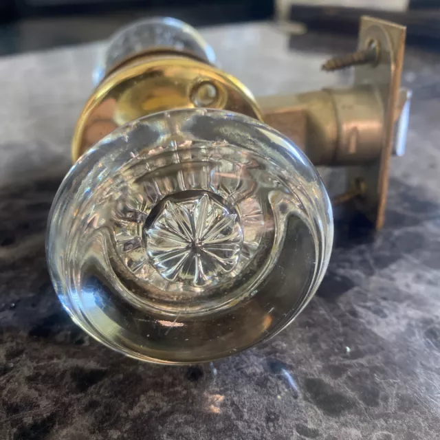Vintage Brass 1921 Round Art Deco Dexter Crystal Glass Blooms Door Knob