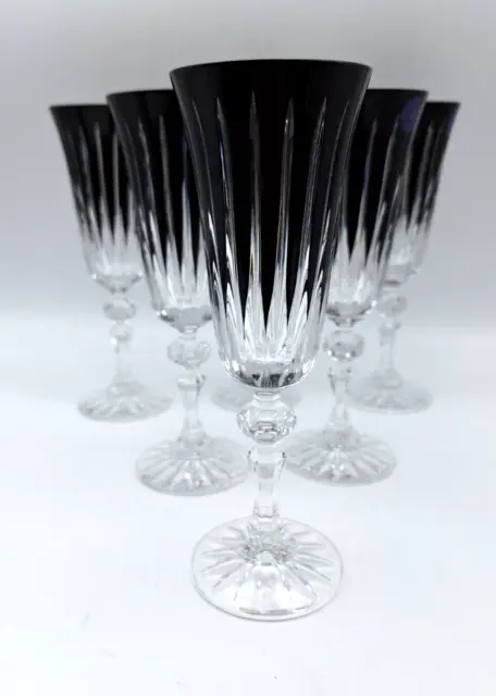 6 Black Cut To Clear Champagne Glasses Czech Republic Bohemian Crystal Barbara