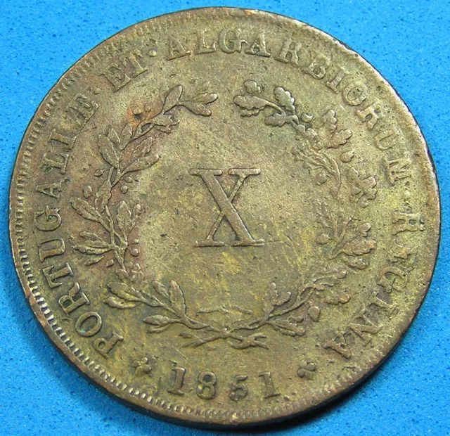 Portugal 10 Reis Copper Coin 1851, Maria II KM-481