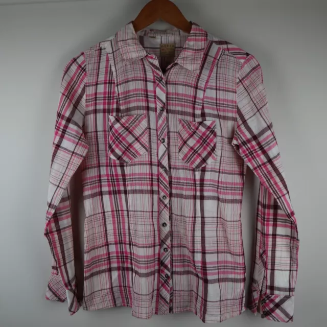 Guess Button Up Shirt Ladies Sz S Pink White Plaid Collared Longsleeve Cowgirl