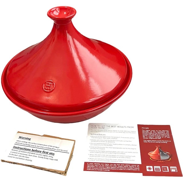 Emile Henry Flame Ceramic 2.1 Quart Tagine Burgundy With Recipe Book
