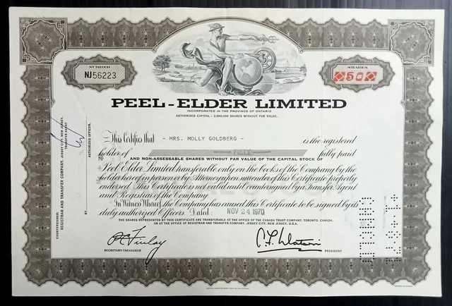 AOP USA 1970 Peel-Elder Limited 50 shares certificate