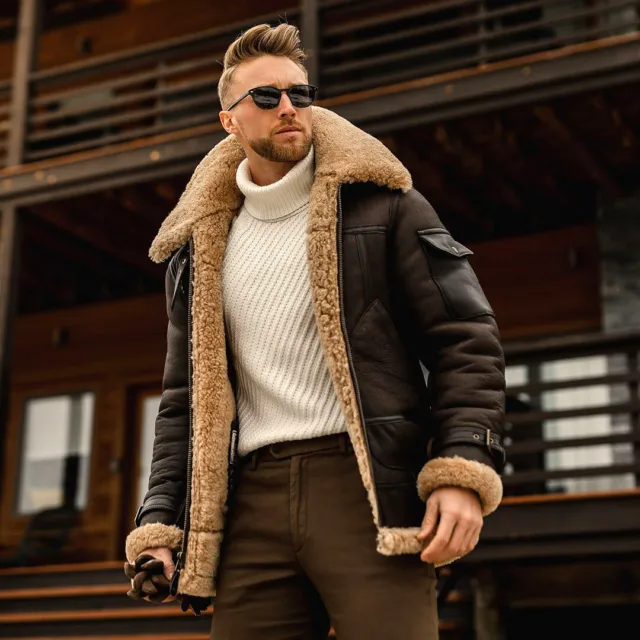 Men Warm Winter Overcoat Lamb Fur Lined Thick Trench Coats Fashion Cowboy Jacket