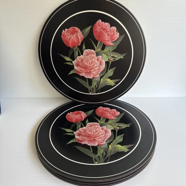 5x Pimpernel Vintage Placemats Peony Flower Round Cork Backed Mats Black Pink