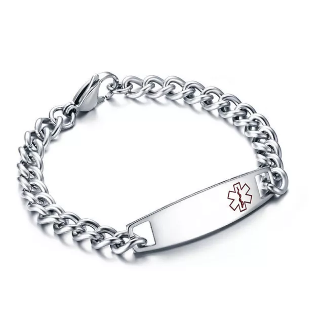 Medical Alert ID Stainless Steel Bracelet Chain Wristband Customized Engraving