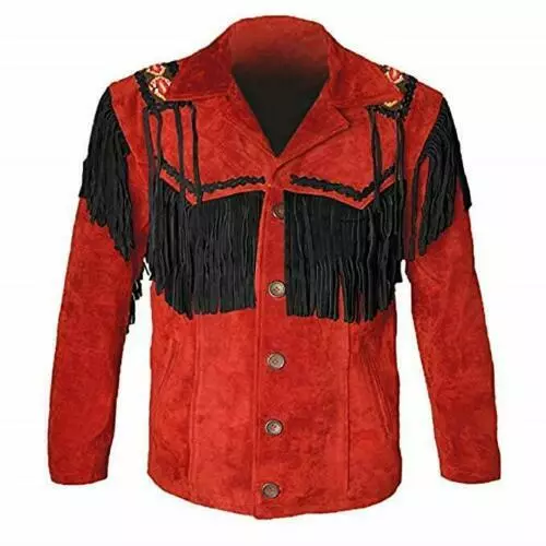 Men Native American Cowboy Western Suede Leather Jacket Coat Fringes Bones Beads