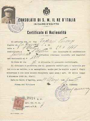 ITALY-EGYPT old Rare Nationality Certificate Tied Revenues Cairo 1928