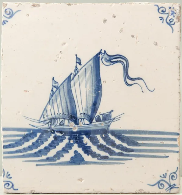 Nice Dutch Delft Blue tile, sailboat, late 17th. century.