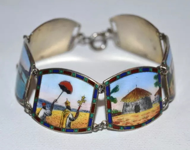 Vintage 1930s German 800 Silver Egyptian Revival Enamel Bracelet 2