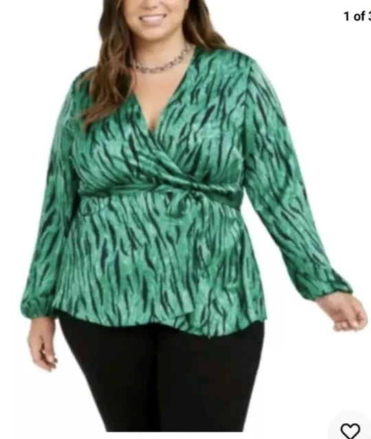 Inc International Concepts Plus Size Green Zebra Print Wrap Blouse Size 2X Nwt