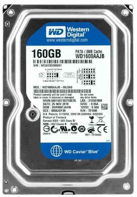 Disque WD Caviar Bleu 160GB 7200U/Min 8MB Ata Ide Pata WD1600AAJB 3.5'' Pouces