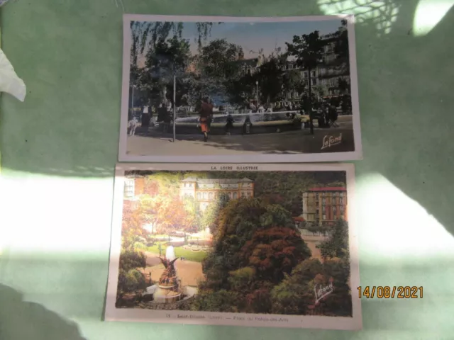 2 CPA Saint Etienne, Loire, écrite, colorisée, place jean Jaures, le bassin .  Q