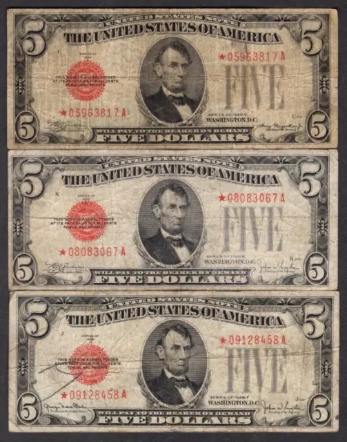 Lot of 3 1928 $5 Five Dollar Bills Red Seal Star Notes S478