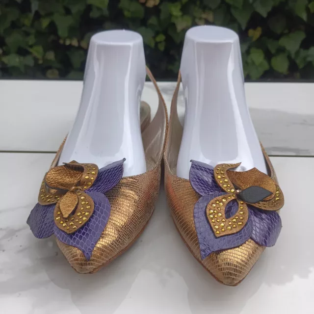 Mary Norton Gold & Purple Floral Slingback Flats Size 40 3