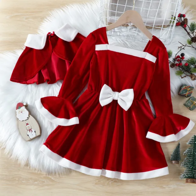 Toddler Girl Flare Sleeve Christmas Bowknot Fleece Princess Dress Robe Cloak Set