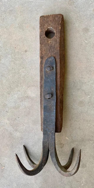 Antique Hammered Hand Forged Wrought Iron 4 Prong Meat Hook With Oak Hanger