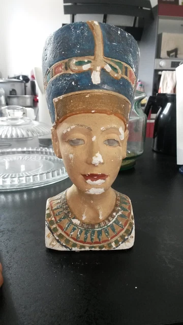 Rare Buste Ancien  De Nefertiti Egypte Platre Peint 2