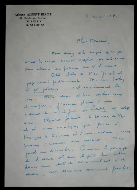 ALBERT-BIROT Arlette - LETTRE AUTOGRAPHE SIGNÉE À L'ABBE MOREL, PARIS, 1982