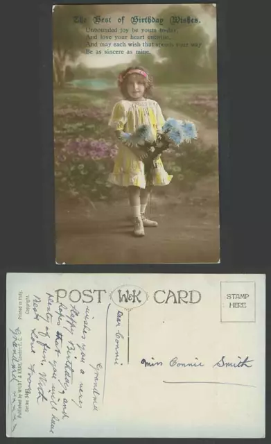 Kleines Mädchen Kinder Blumen Die besten Geburtstagswünsche alte echte Foto Postkarte