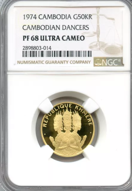 Cambodia: Republic gold 50,000 Riels 1974, NGC graded PROOF 68 !