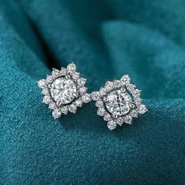 3.50Ct Round Cut Simulated Moissanite Halo Stud Earrings 14K White Gold Plated