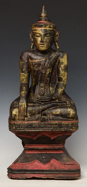 18th Century, Shan, Antique Burmese Wooden Seated Buddha