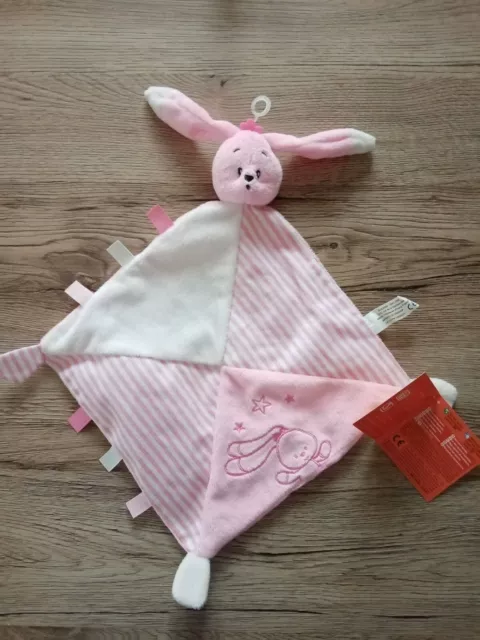 Doudou Plat Auchan Lapin Rose Blanc Rayures Brodé Lapin Etoile Neuf