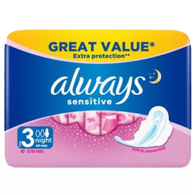 Always Sensitive Ultra Night Sanitary Towels with Wings, 10 Count