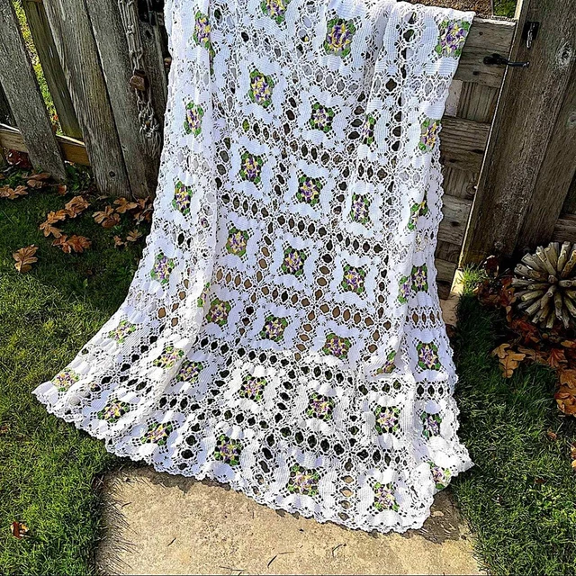 Vintage hand crocheted Table Linen Bed throw cotton White purple flowers