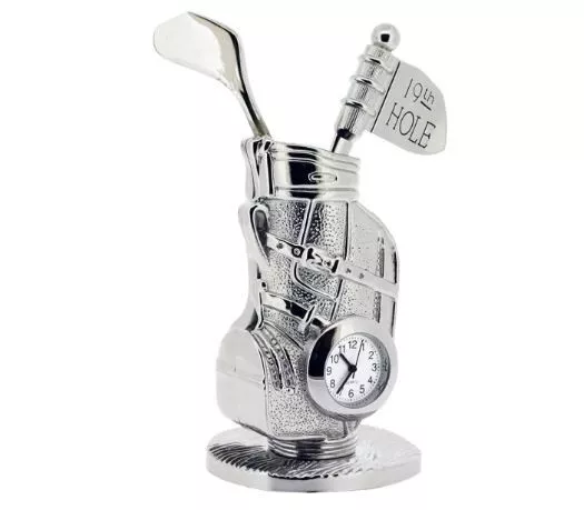 🎄 Miniature Quartz Clock Brass Golf Clubs & Golf Bag Silver plated Mens