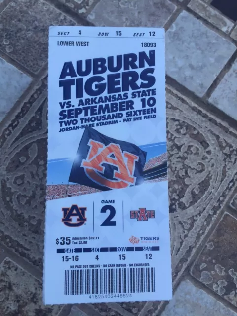 2016 Auburn Tigers Vs Arkansas State College Football Ticket Stub 9/10 Ncaa