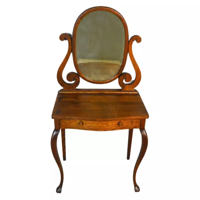 Antique Oak Vanity with Mirror, Ladies Bevel Glass Dressing Table #19748