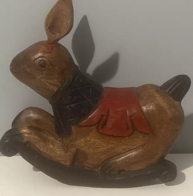 Hand Carved Solid Wood Rocking Rabbit / Bunny Figurine Thailand Art Decor