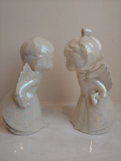 Vintage 8" Kissing Angels Iridescent Ceramic Hand Painted Christmas Figurines