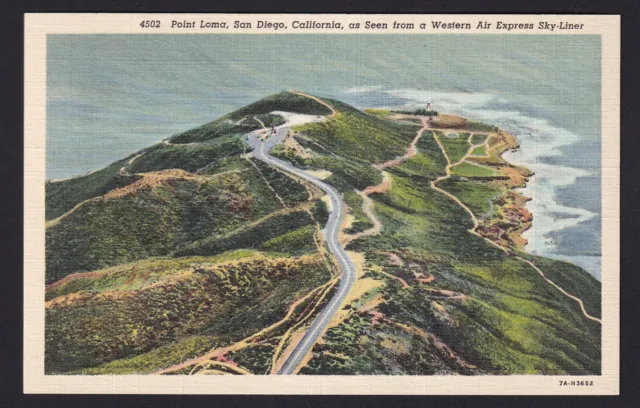 California-CA-San Diego-Point Loma-Aerial View-Vintage Linen Postcard
