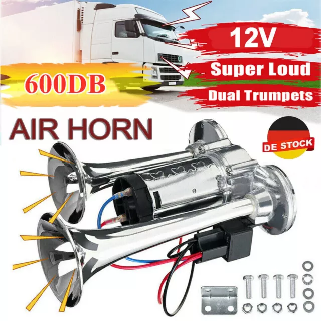 FANFARE HUPE DRUCKLUFT Horn Nebelhorn Chrom mit Kompressor 12V für