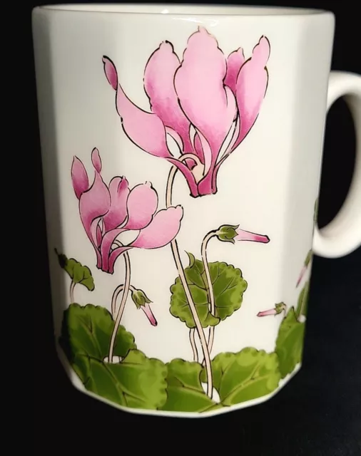 Otagiri Japan White 4" Cup Mug With Gold Gilded On Pink Cyclamen & Green Leaves