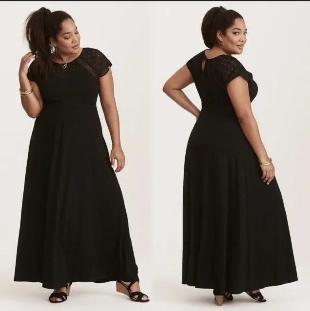 Torrid Black Jersey Maxi Crochet Lace Top Dress Size 3 22/24 Short Sleeves