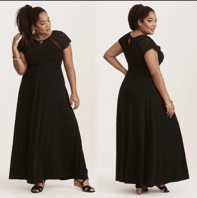 Torrid Black Jersey Maxi Crochet Lace Top Dress Size 3 22/24 Short Sleeves Torrid Black Jersey Maxi Crochet Lace Top Dress Size 3 22/24 Short Sleeves