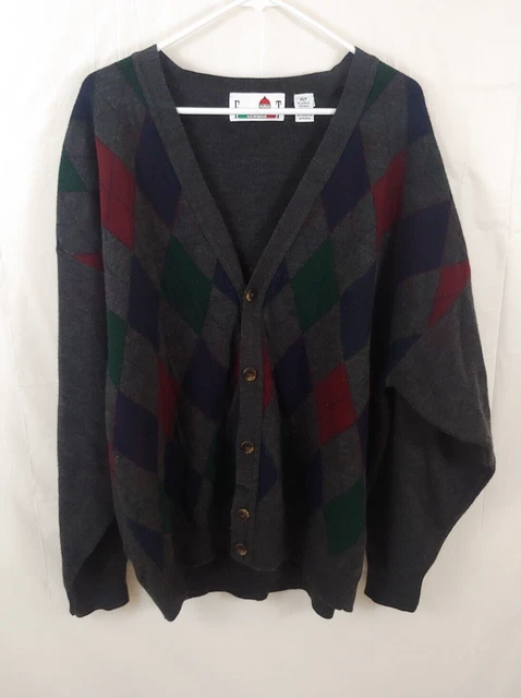 Vtg Florence Tricot Mens Sweater XLT Wool Blend Italy Argyle Gray XL Tall