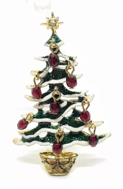 Vintage AVON CHRISTMAS TREE BROOCH PIN w Red Bead Dangle Ornaments Green Enamel