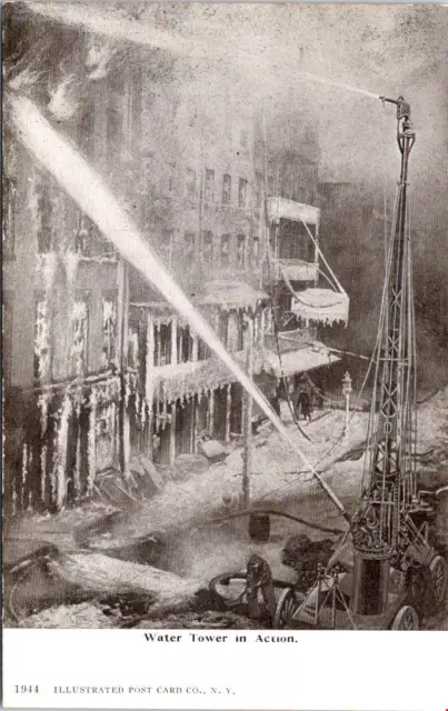 FIREFIGHTING, Water Tower in Action in the Winter Postcard