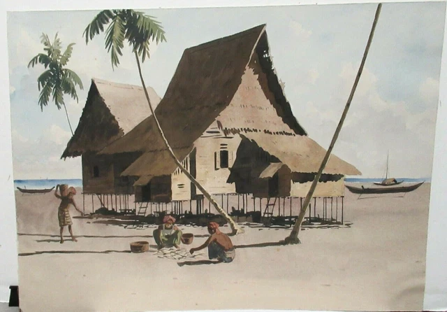 Old Vietnam Beach Village Watercolor Landscape Painting