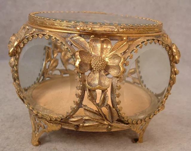 Antique Victorian Gold Gilt Brass Ormolu Dogwood Beveled Glass Jewelry Casket