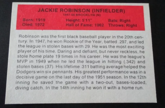 Jackie Robinson Brooklyn Dodgers 1987 Hygrade Baseball All-Time Greats Card 2